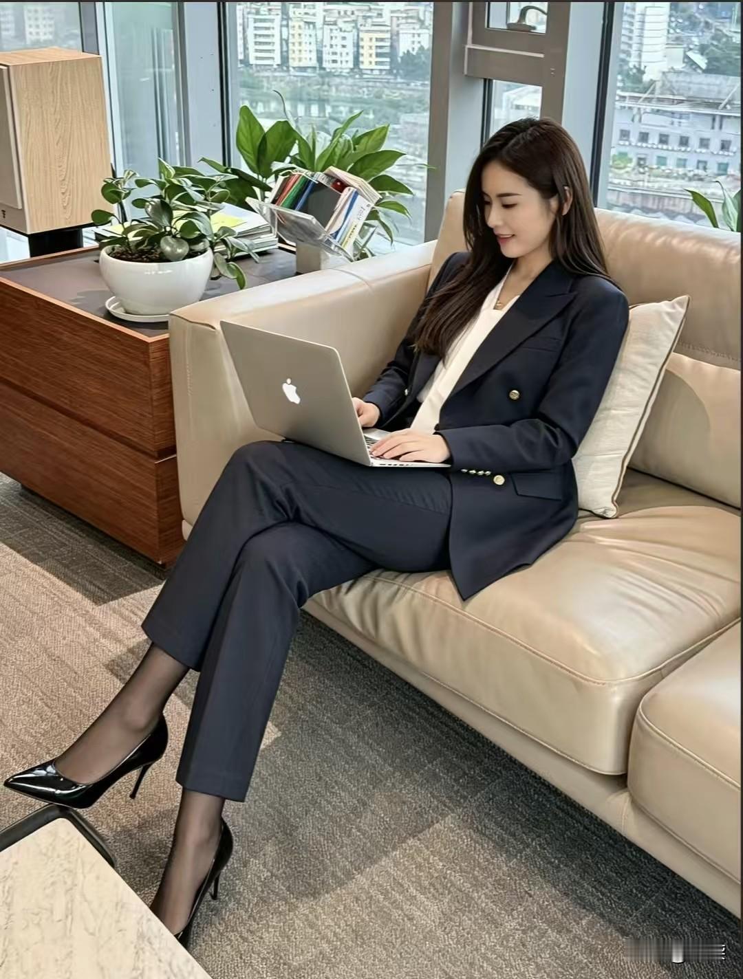 「穿对西装，自带锋芒。」
 
藏蓝裁就骨中香，
金扣微添意气扬。
不借妆容添颜色