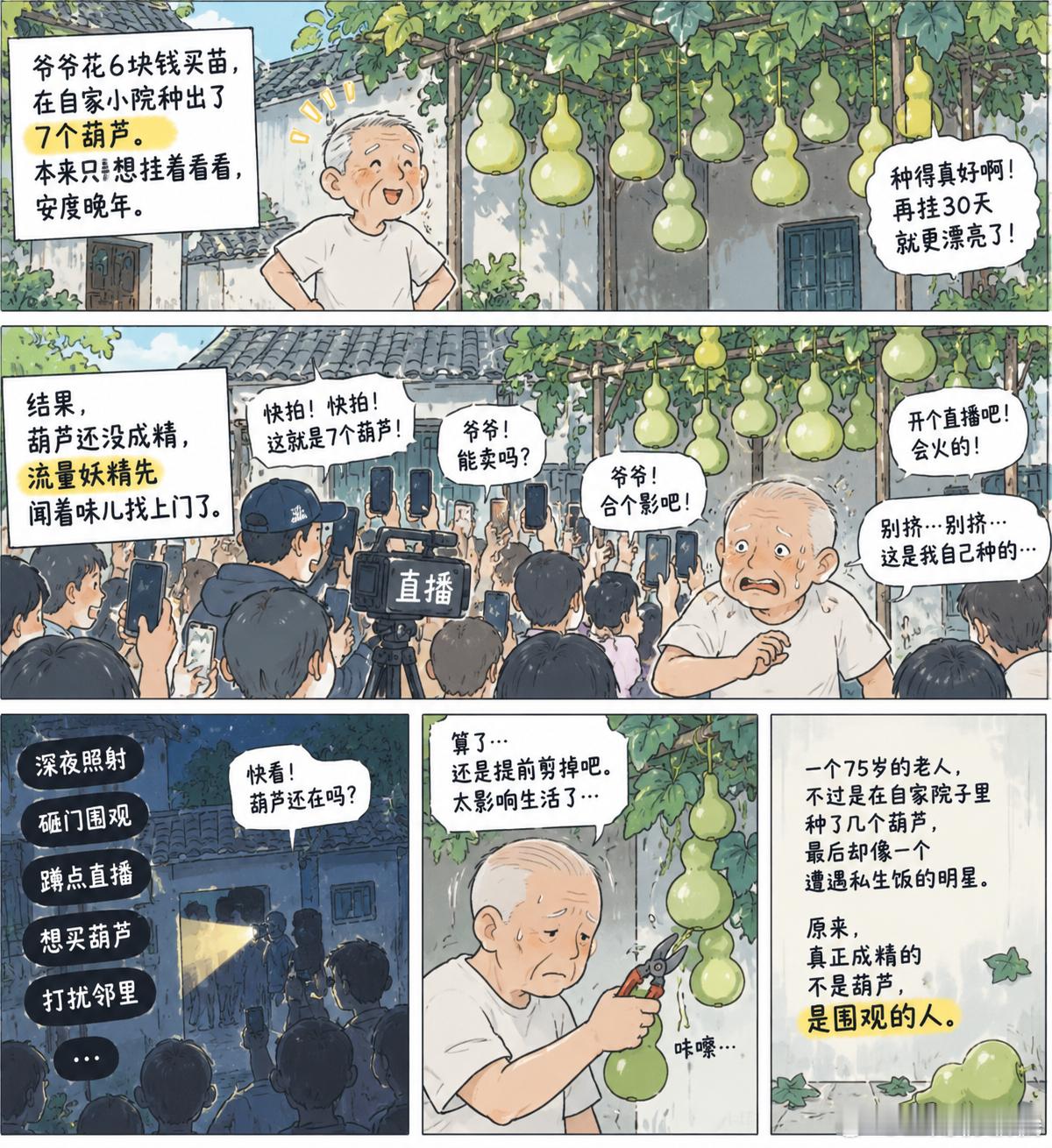 葫芦娃爷爷家附近居民发声爷爷种出了葫芦娃，结果葫芦还没成精，流量妖精先闻着味儿找