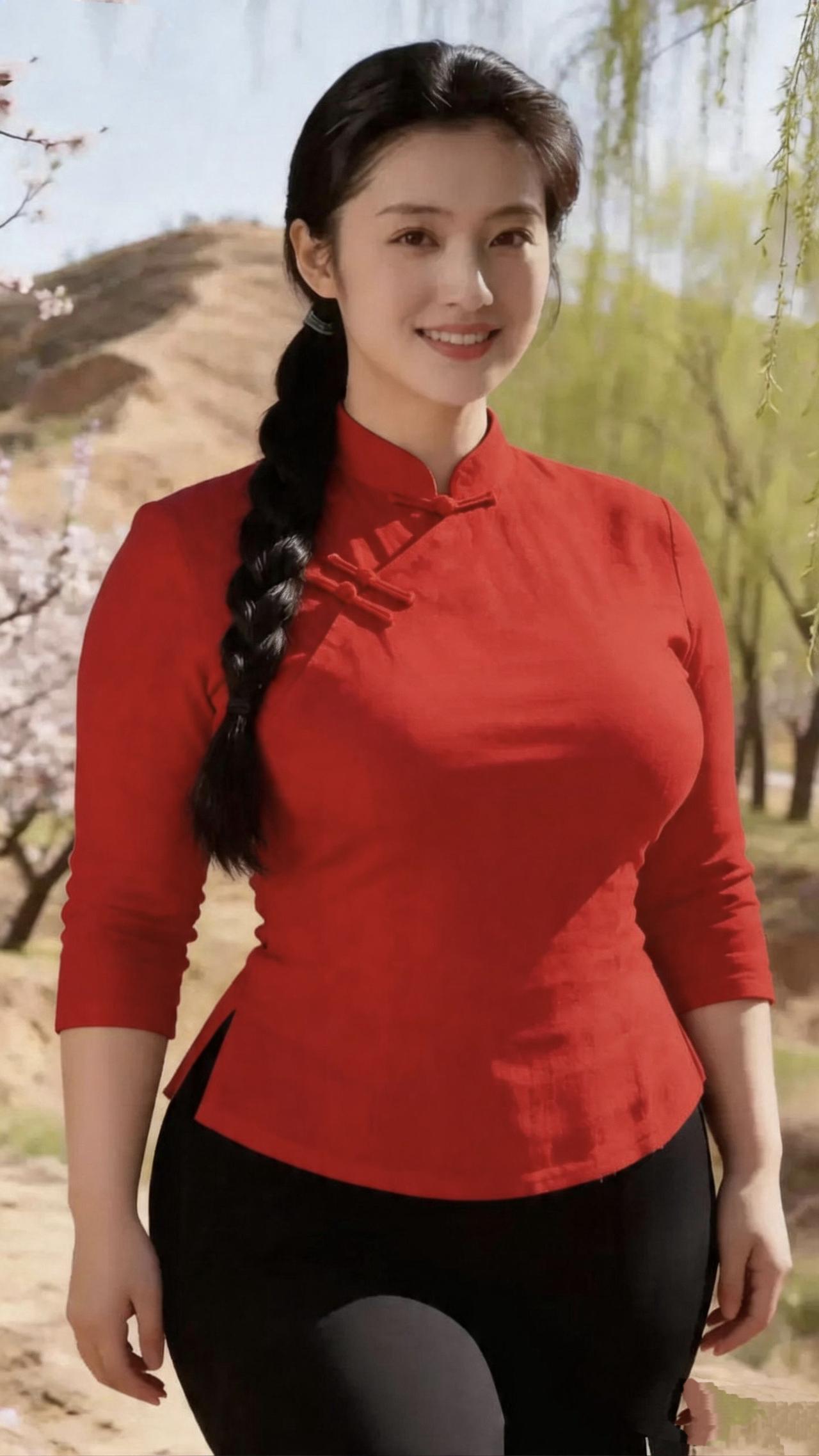 《红衫春望》
 
柳丝轻垂，桃花初绽
风里漾着新抽的绿
你站在春光里
一身红衫，