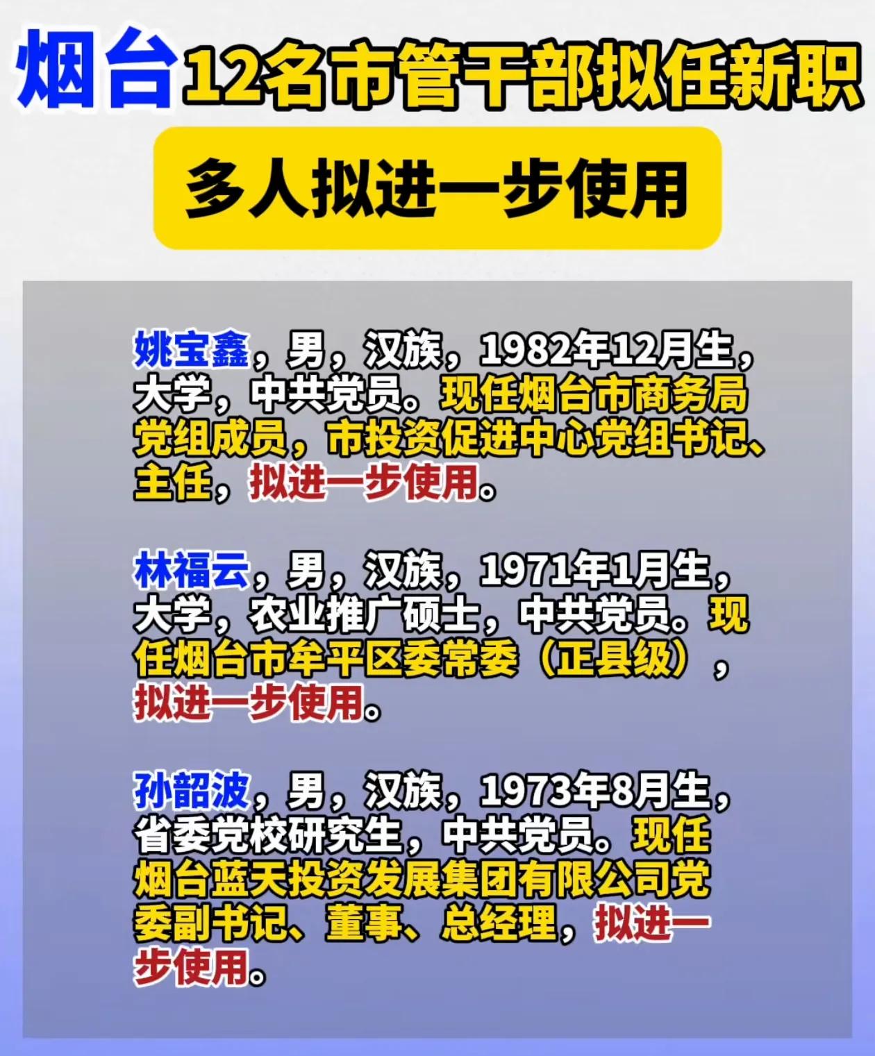 烟台12名干部拟任新职，多人拟进一步使用！对于提拔和进一步使用干部来说这当然是一