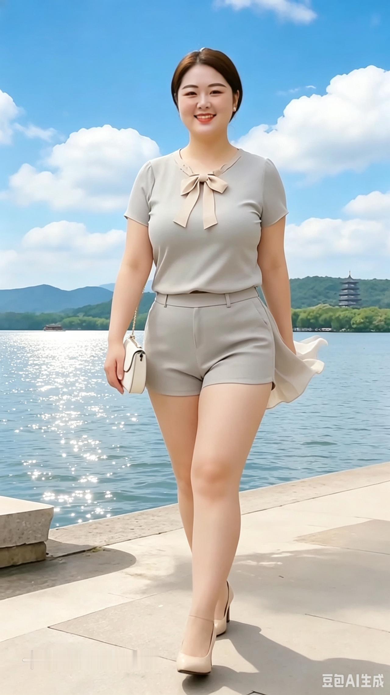 湖畔逢佳丽，微腴蕴福情，旺夫之态展华英
湖畔佳人步韵轻，
罗裳淡系韵含情。
风姿