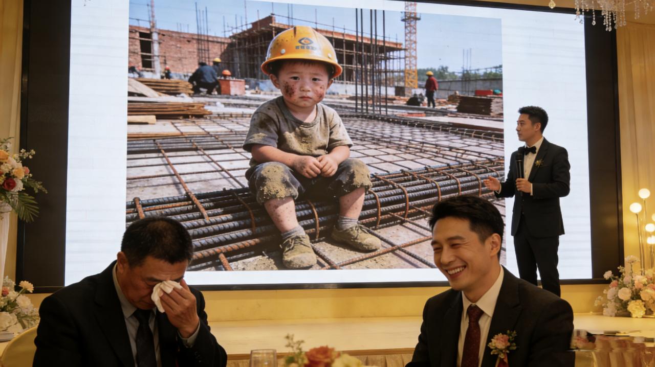 大学室友结婚，我们去喝喜酒。
婚礼上有个环节，放双方从小到大的照片。新郎的照片里