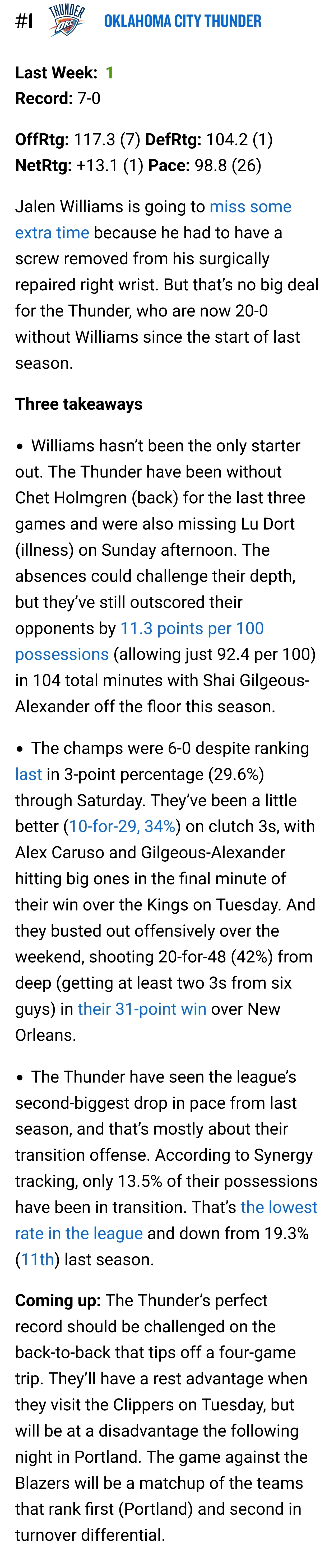 最新一期NBA官方战力榜，雷霆继续排名第一！原来在杰伦威廉姆斯缺阵的情况下，上赛