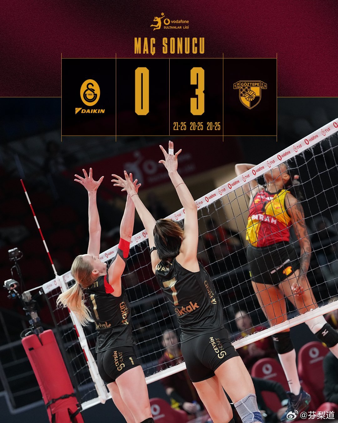 王媛媛国际排坛动态土超女排常规赛第26轮，加拉塔萨雷主场0-3(21-25/20