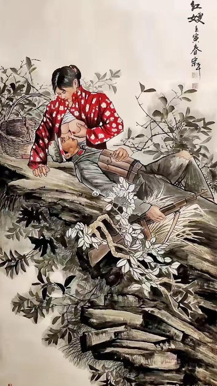 2022年，画家李宗平创作的《红嫂》作品。抗战时期，一名沂蒙山妇女用奶水救助受伤