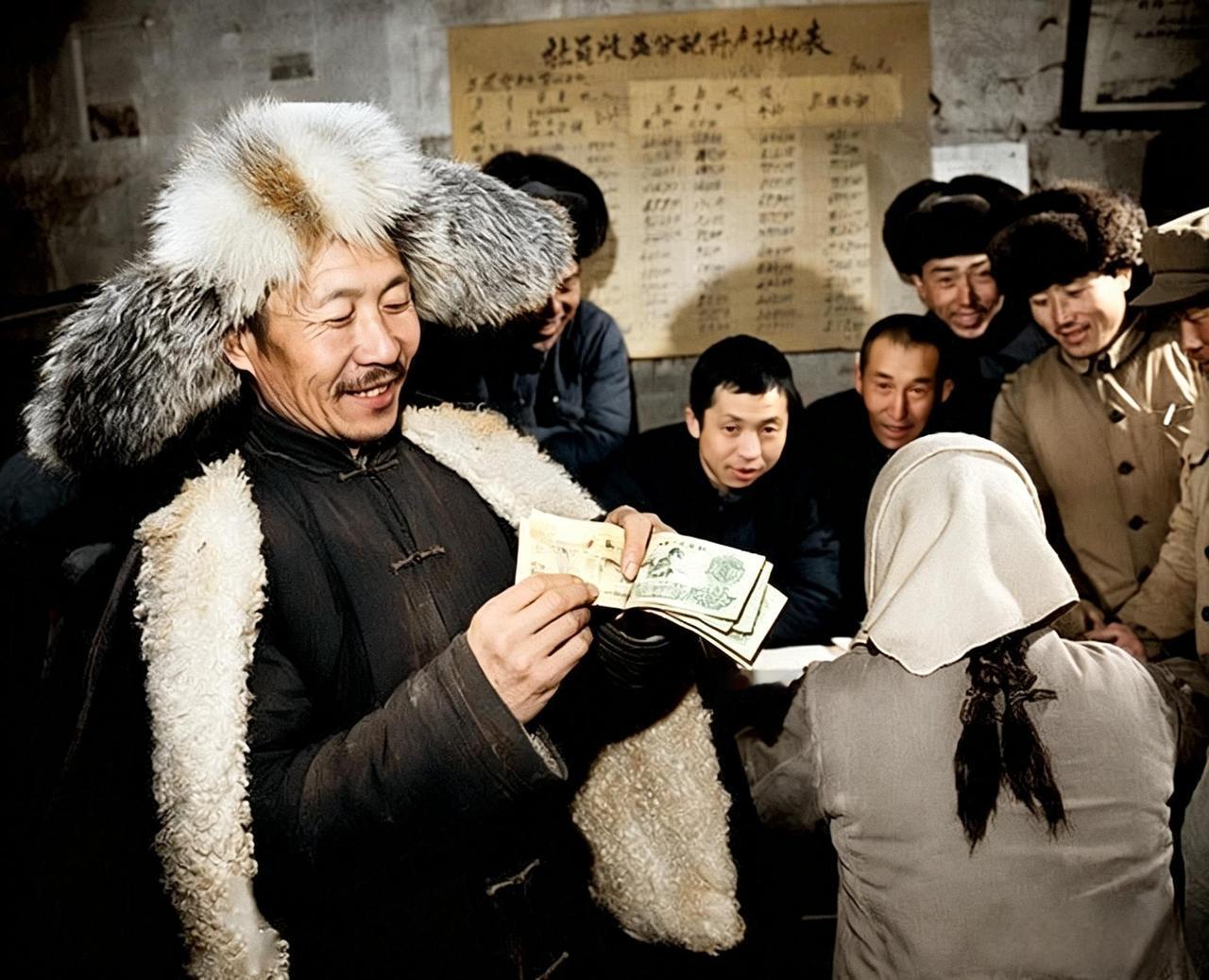 这是六十年代吉林一位农民到年底从生产队领到票子。当年，农民没有月薪，日常不发现金