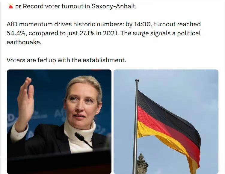 德国萨克森-安哈尔特州创下历史最高投票率。

德国选择党(AfD)的势头推动投票