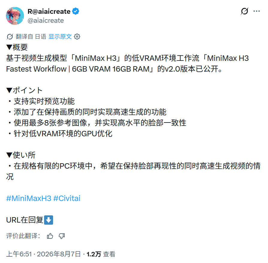 ▼概要基于视频生成模型「MiniMax H3」的低VRAM环境工作流「MiniM