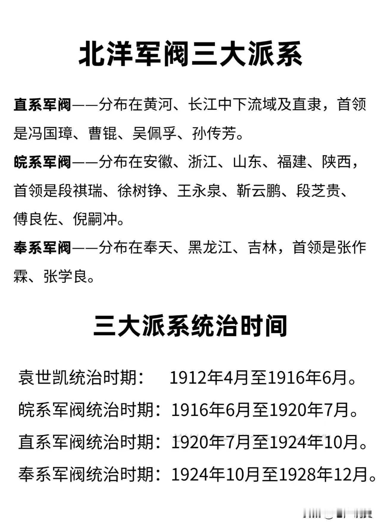 一图看懂北洋军阀三大派系及统治时间，袁世凯创立的北洋军阀自1912年清朝灭亡后，