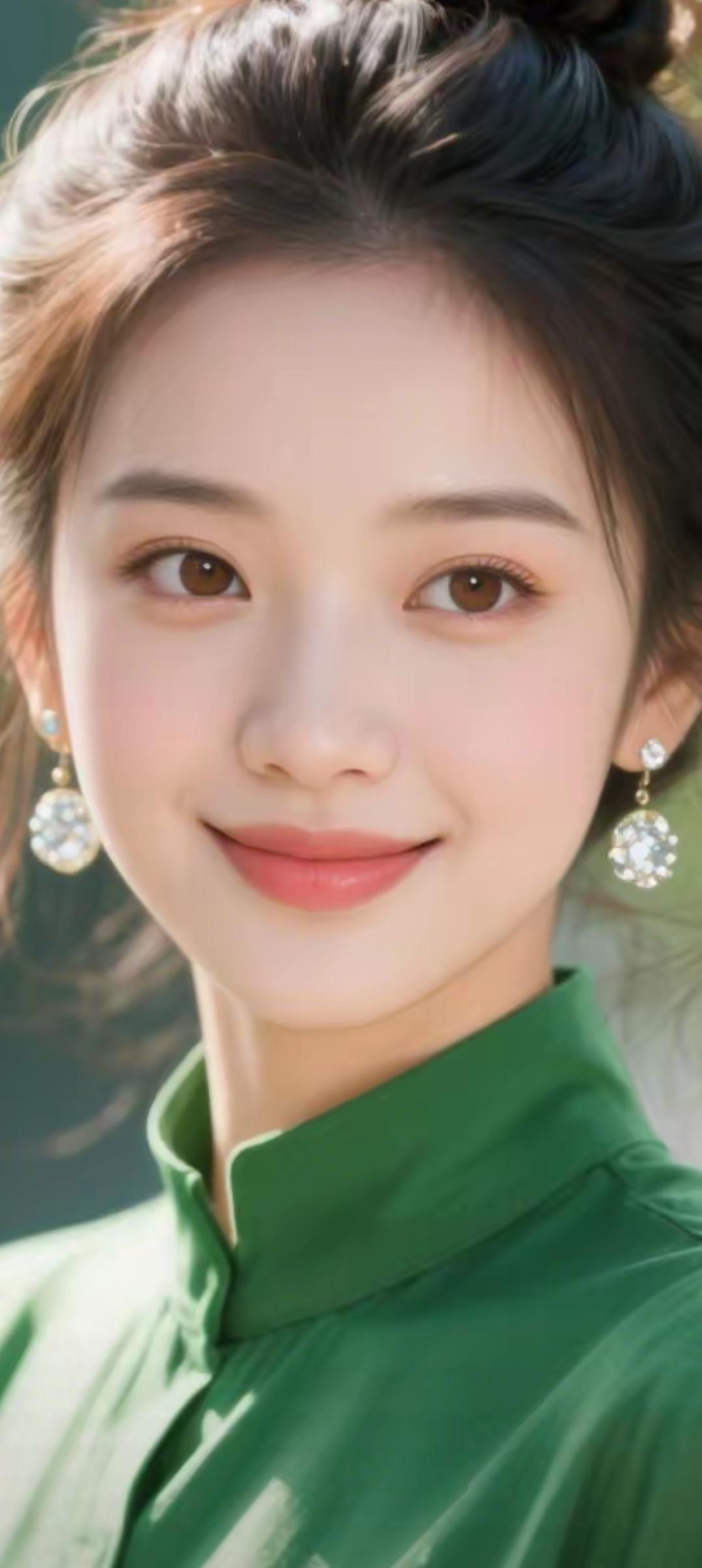 温柔微笑，绿色衬衫，闪耀耳环，元气满满的一天！🌞✨