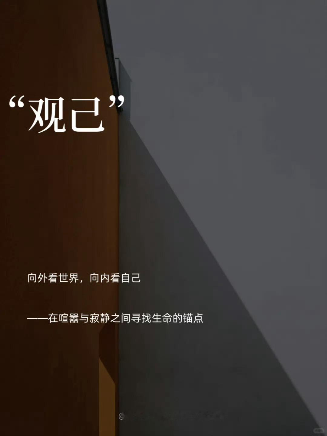 观己        向外看世界，向内看自己。在喧嚣与寂静之间寻找生命的锚点。人生