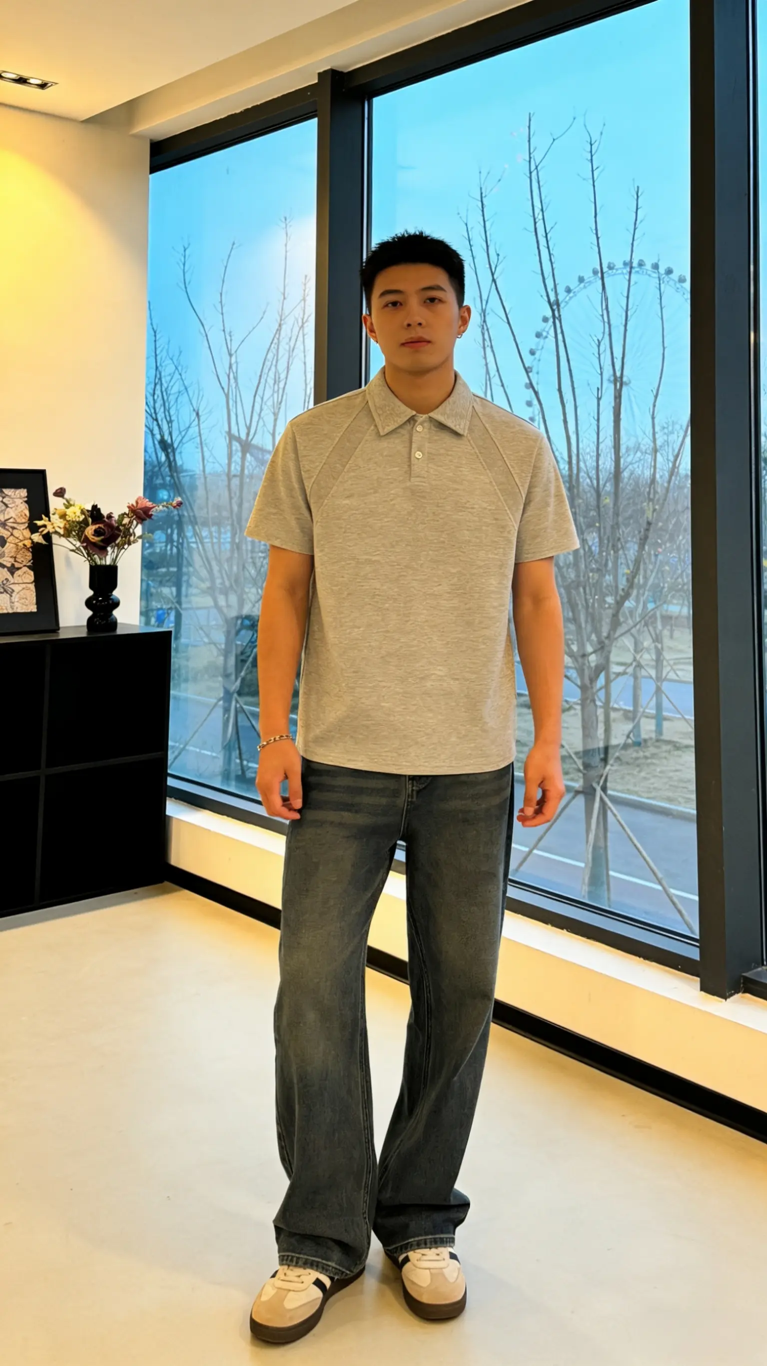 美式正肩短袖polo衫男夏季宽松质感潮牌拼接翻领T恤半袖