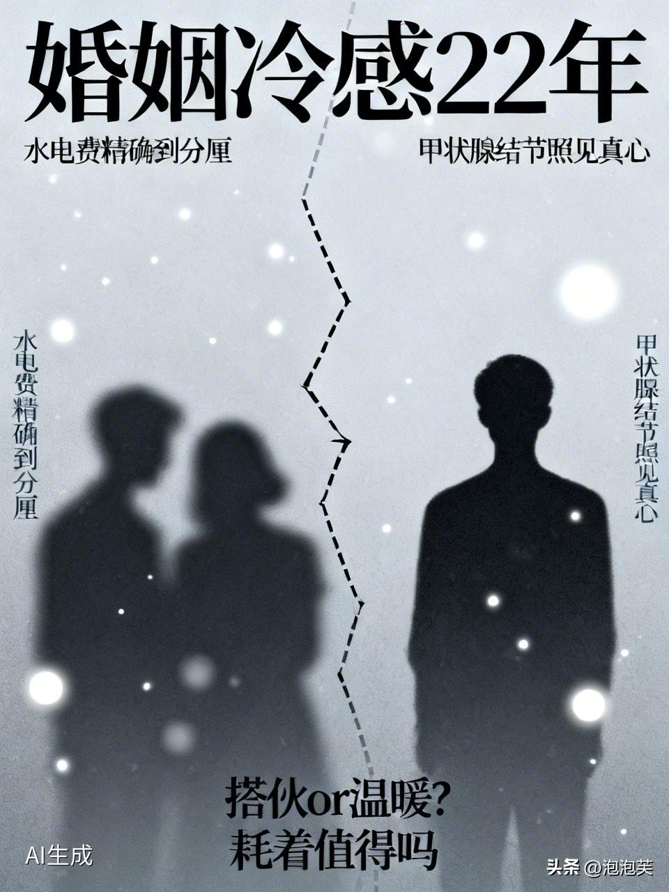 一对夫妻结婚22年

同住一个屋檐下却过成了室友

20年没有亲密接触，平时连话