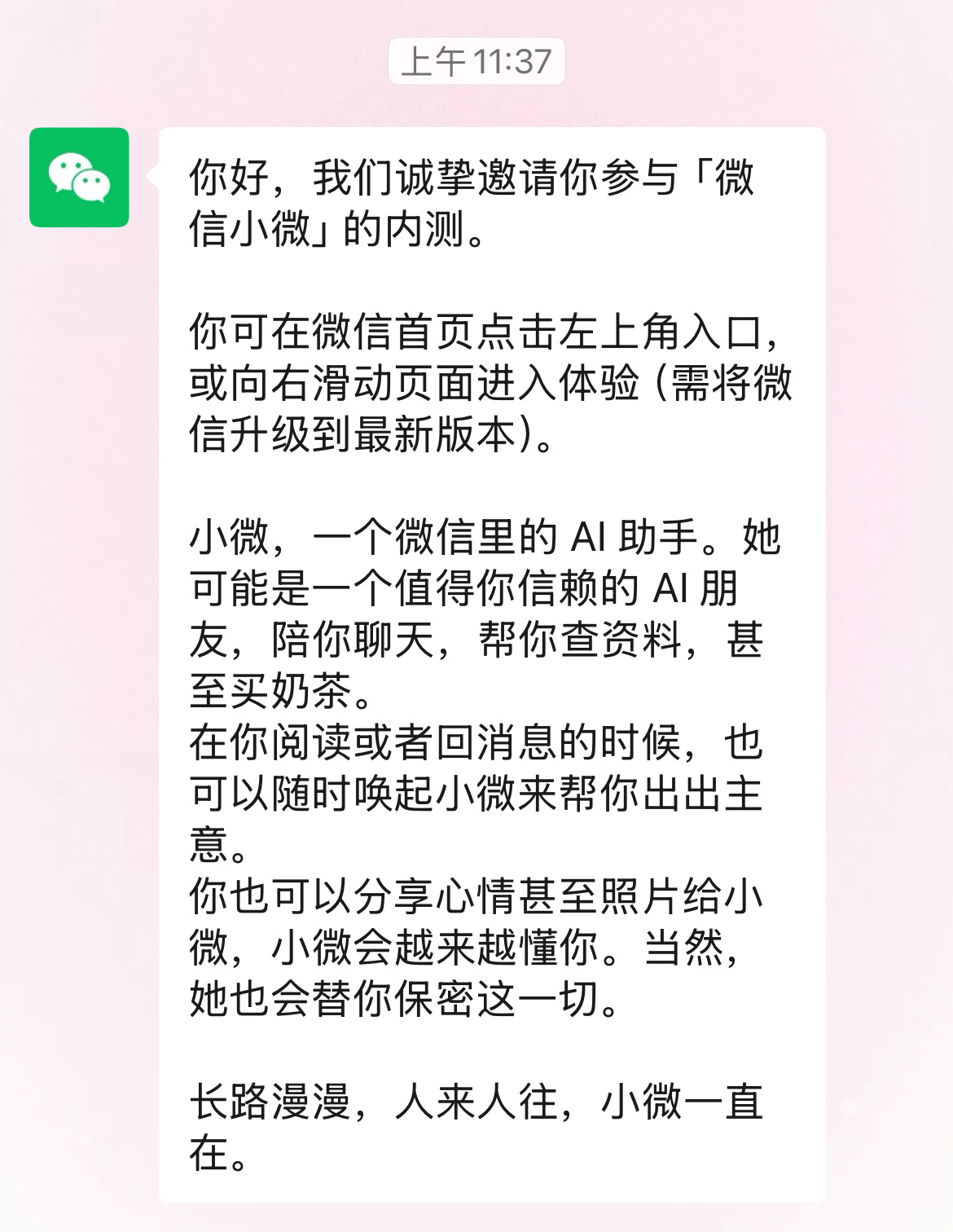 好神奇 今天突然收到了微信小微的内测 有没有也收到内测的朋友们 体验感咋样啊 