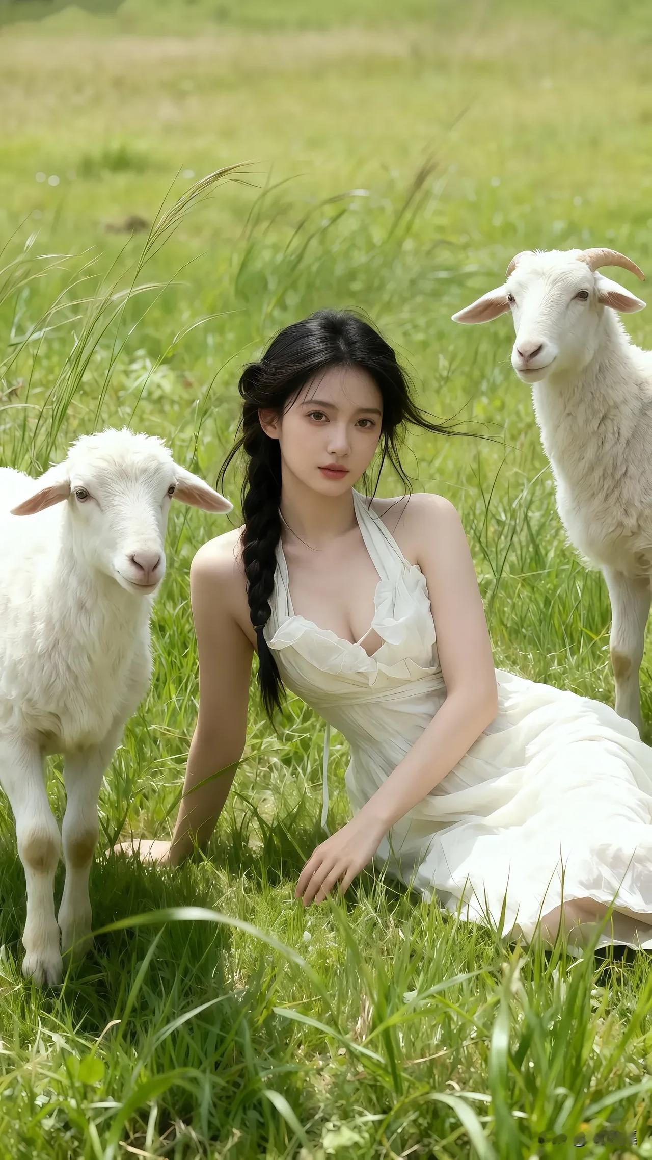 “羊羊相伴，少女与自然的浪漫邂逅”🐑🌿👗