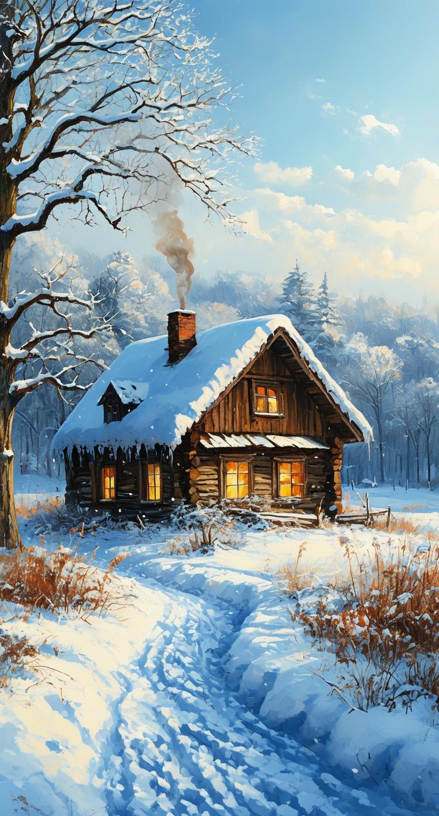 冬日生活打卡季在冬日雪景中，一座用原木建成的温馨木屋静谧而温暖。屋顶和周围覆盖着