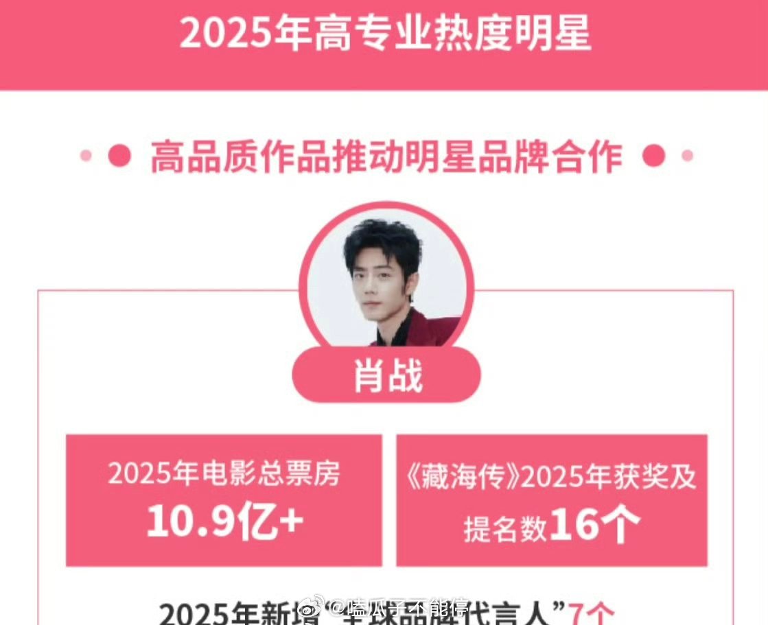 微博认证2025年高专业热度明星：肖战 