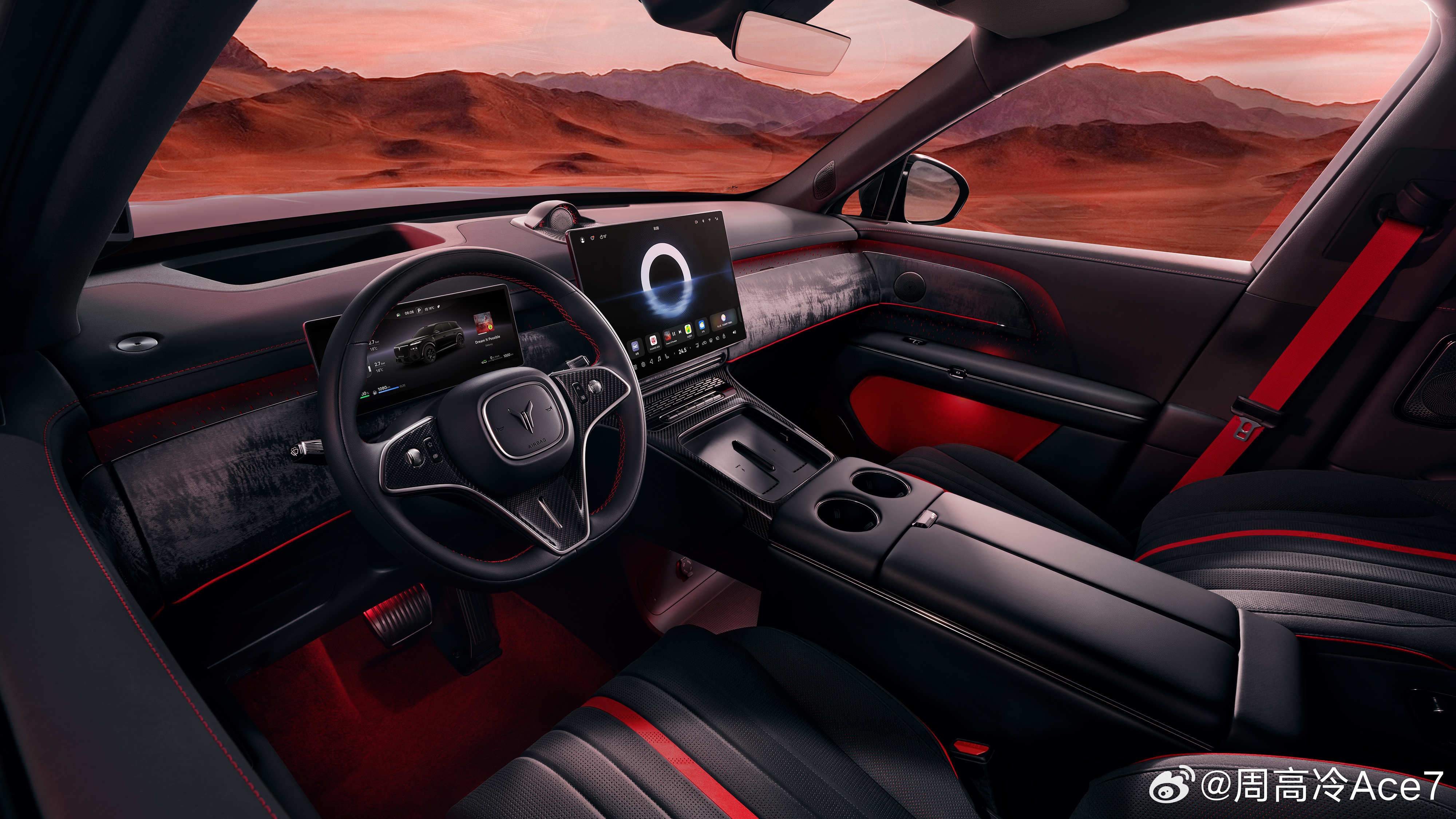 岚图泰山黑武士内饰图来了，红黑绝对是可以激发你驾驶欲望的颜色，黑武士这套内饰直接