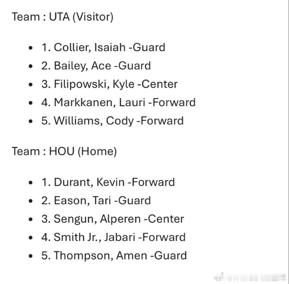 爵士vs火箭 今日首发出炉🔥🔻休斯顿火箭（主场）首发：· 凯文·杜兰特（Ke