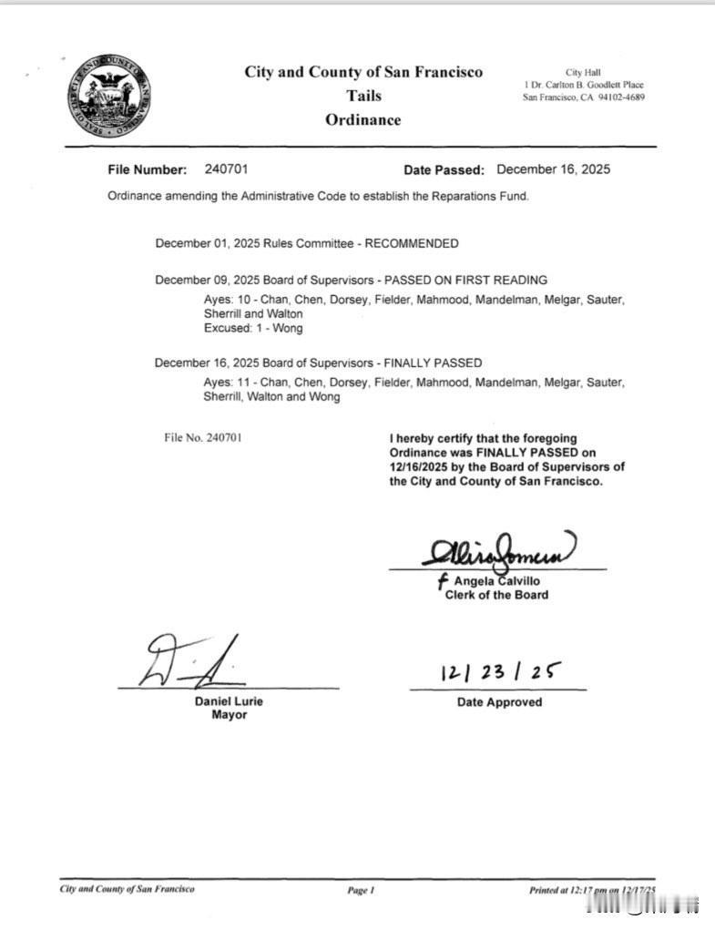 突发新闻：旧金山市长丹尼尔·卢里签署法案，批准设立一项基金，向符合条件的黑人居民