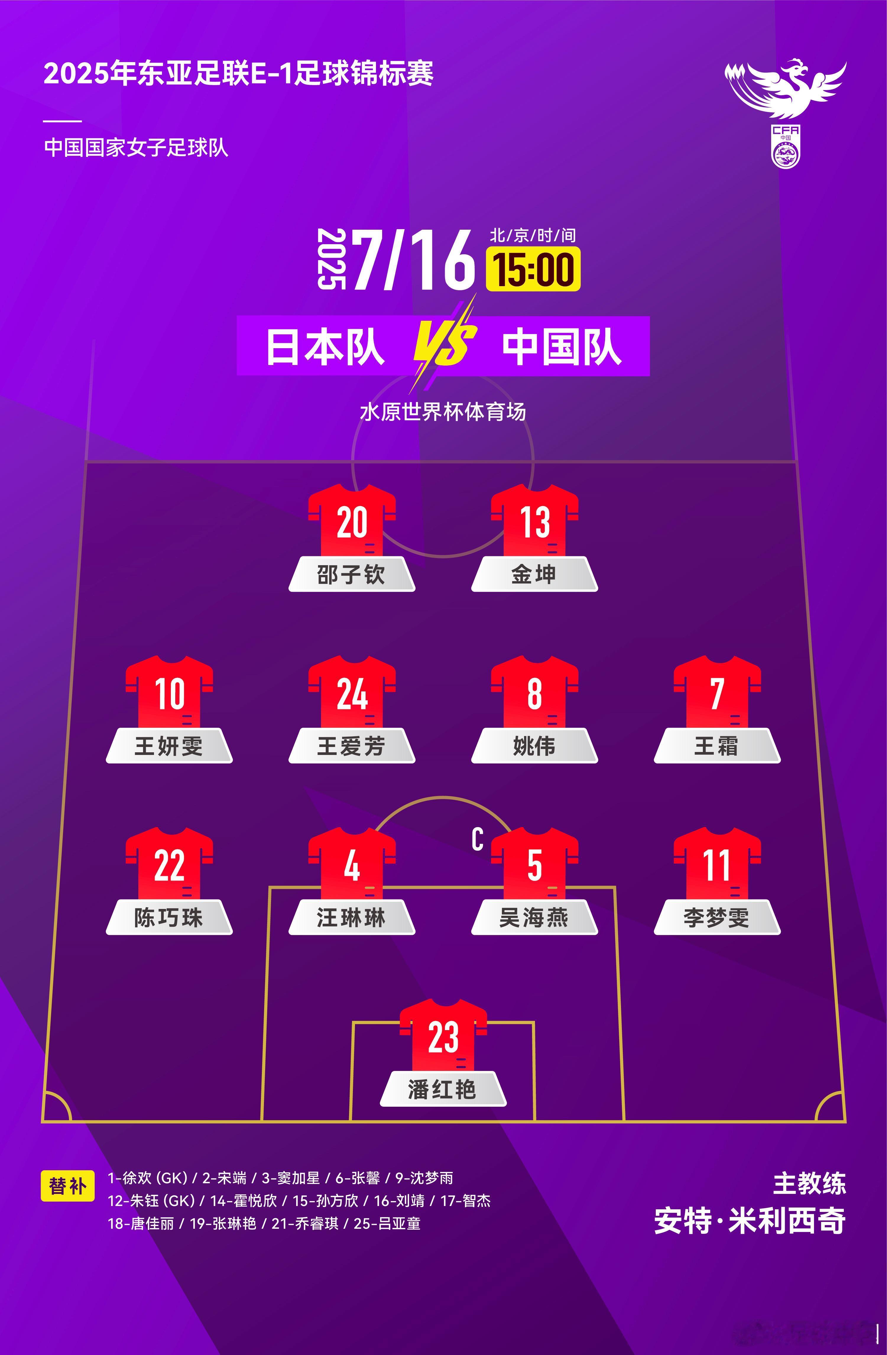 中国女足vs日本女足首发 今天下午，女足东亚杯第3轮，中国女足对阵日本女足。赛前