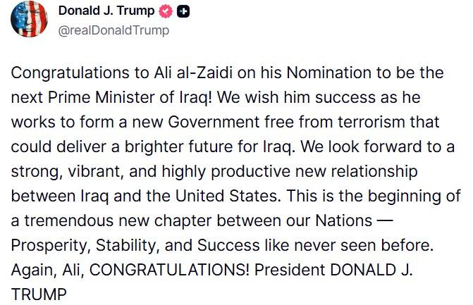 🇺🇸🇮🇶 特朗普祝贺阿里·扎伊迪成为伊拉克下一任总理！

“摆脱恐怖主义