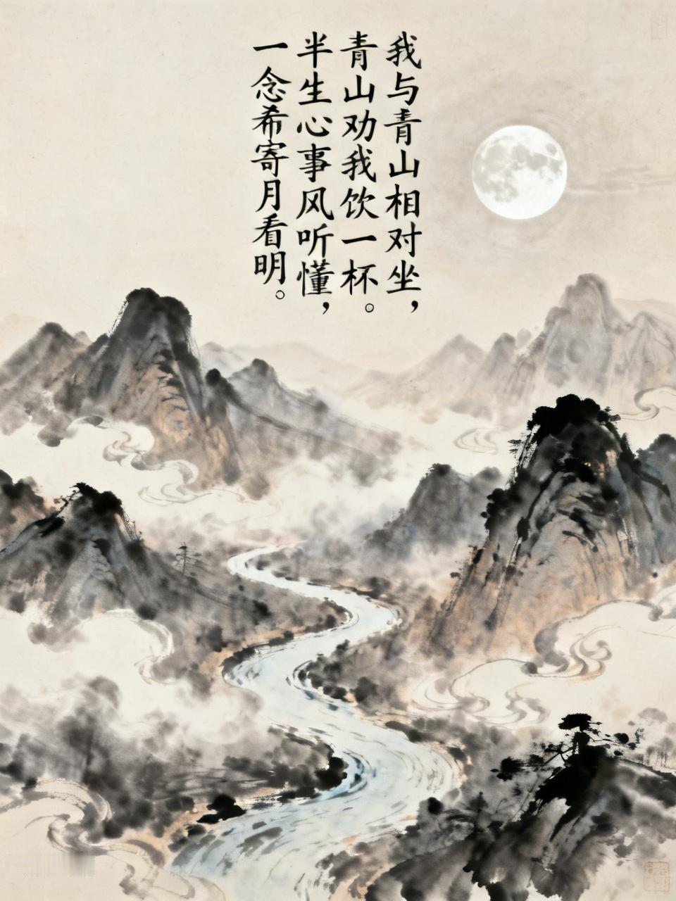 我与青山相对坐，
青山劝我饮一杯。
半生心事风听懂，
一念希寄月看明。