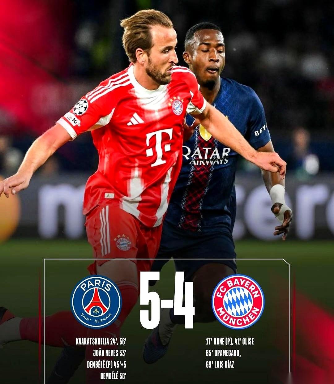 欧冠的夜，比分板上赫然定格：巴黎5-4拜仁！这数字背后，藏着一场史诗级的“逆天改