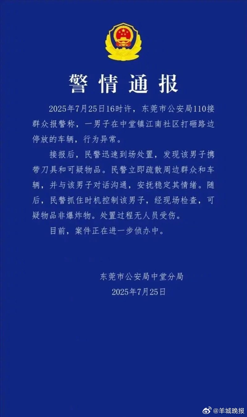 【一男子行为异常，东莞警方最新通报】7月25日，东莞市中堂镇一男子手持可疑物品，