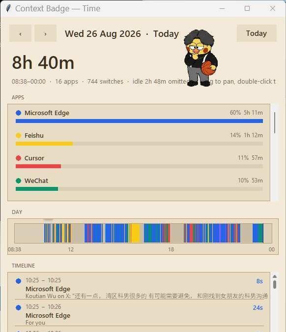 平平无奇的工作日就这么记录电脑使用。
浏览器飞书狂切一通。
微信和cursor使