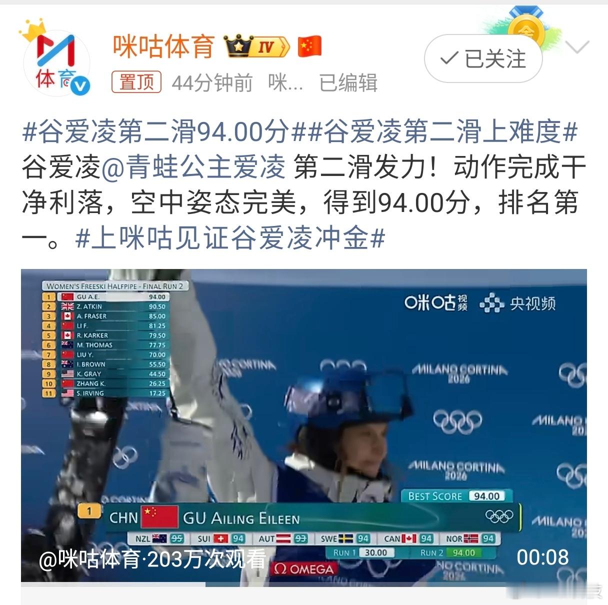 太帅了🤩就是如此强！！！谷爱凌第二滑94.00分谷爱凌第三滑94.75分谷爱凌