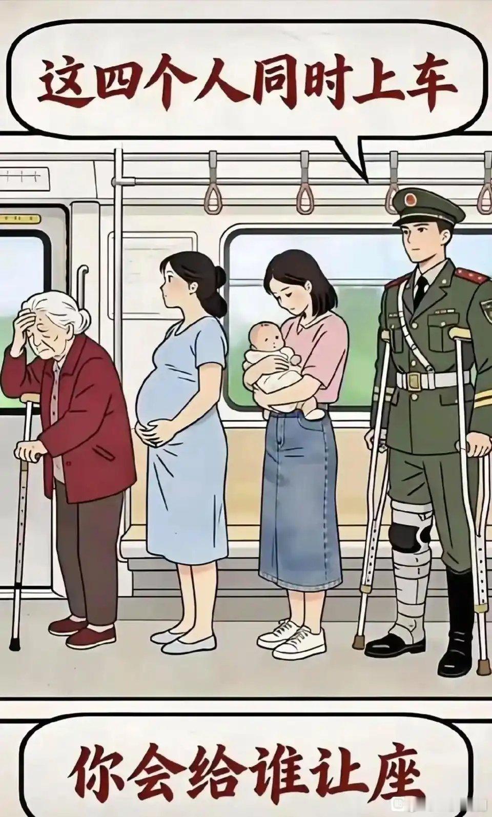 如果这四位同时上车，你会给谁让座？ 