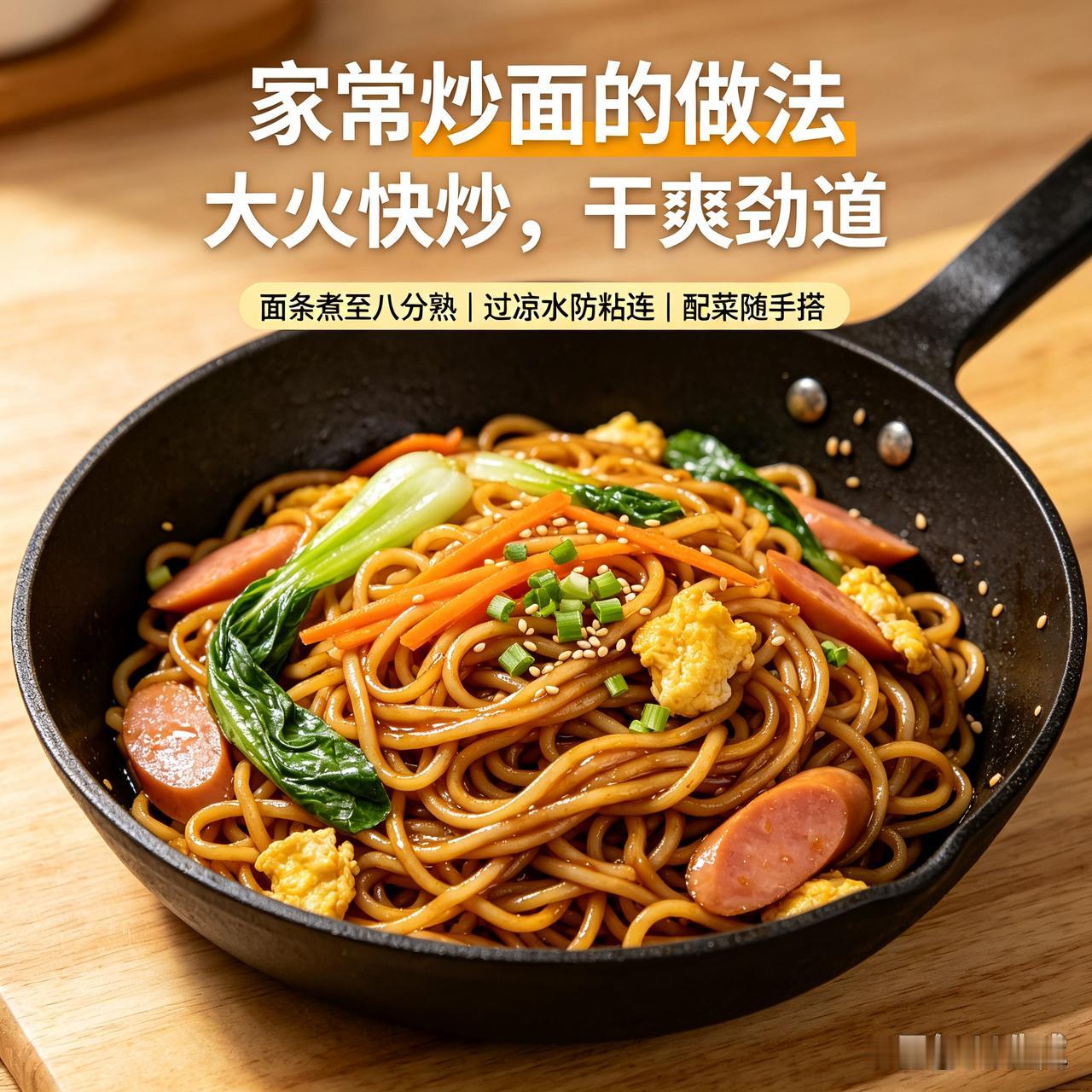 先把面条煮至八分熟，捞出过凉水，控干水分，拌少许食用油防粘连。
配菜准备青菜、胡