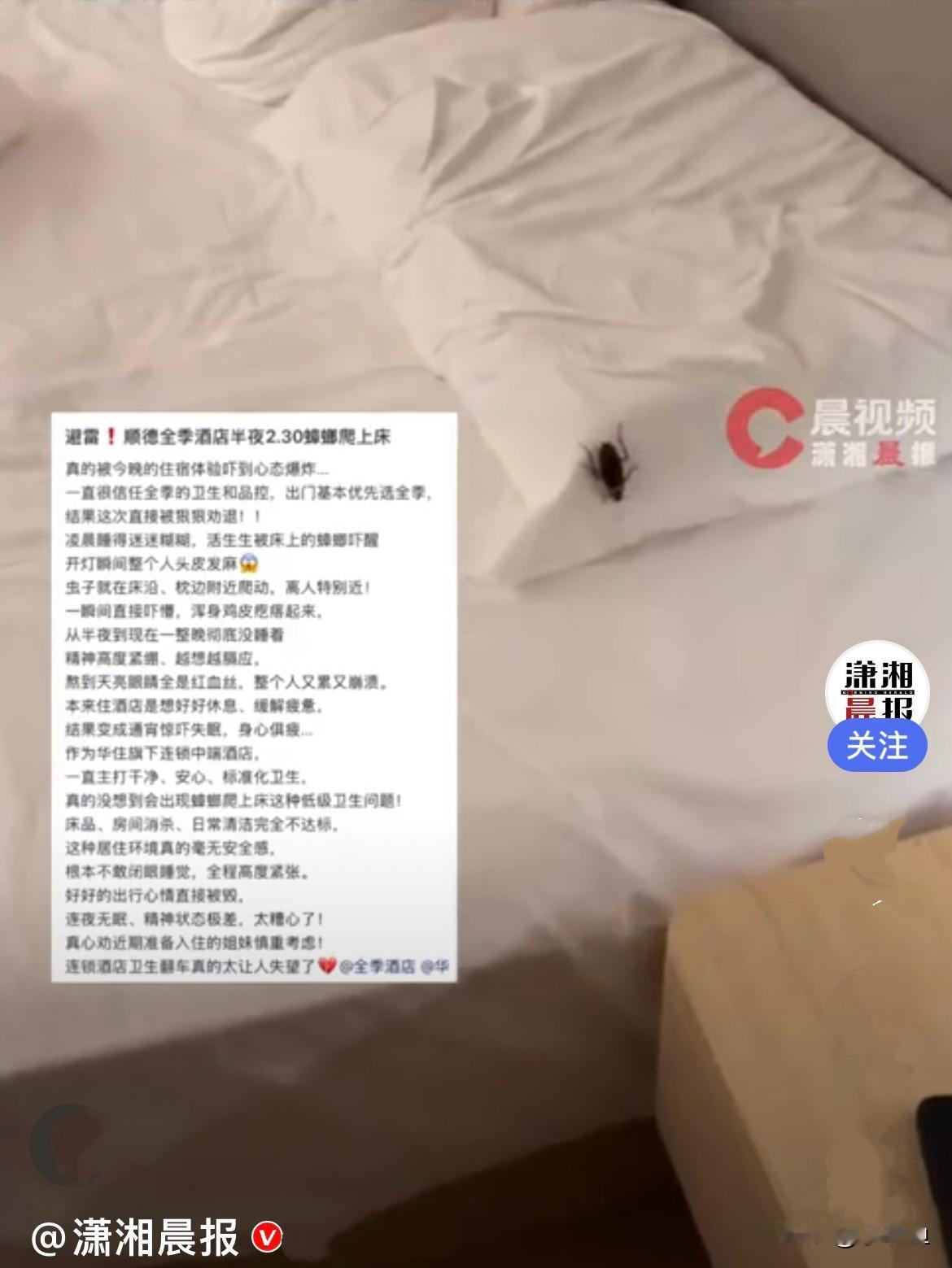 近日，有网友入住佛山一酒店，没想到凌晨两点多，睡得正香的时候，脸上突然传来异物触