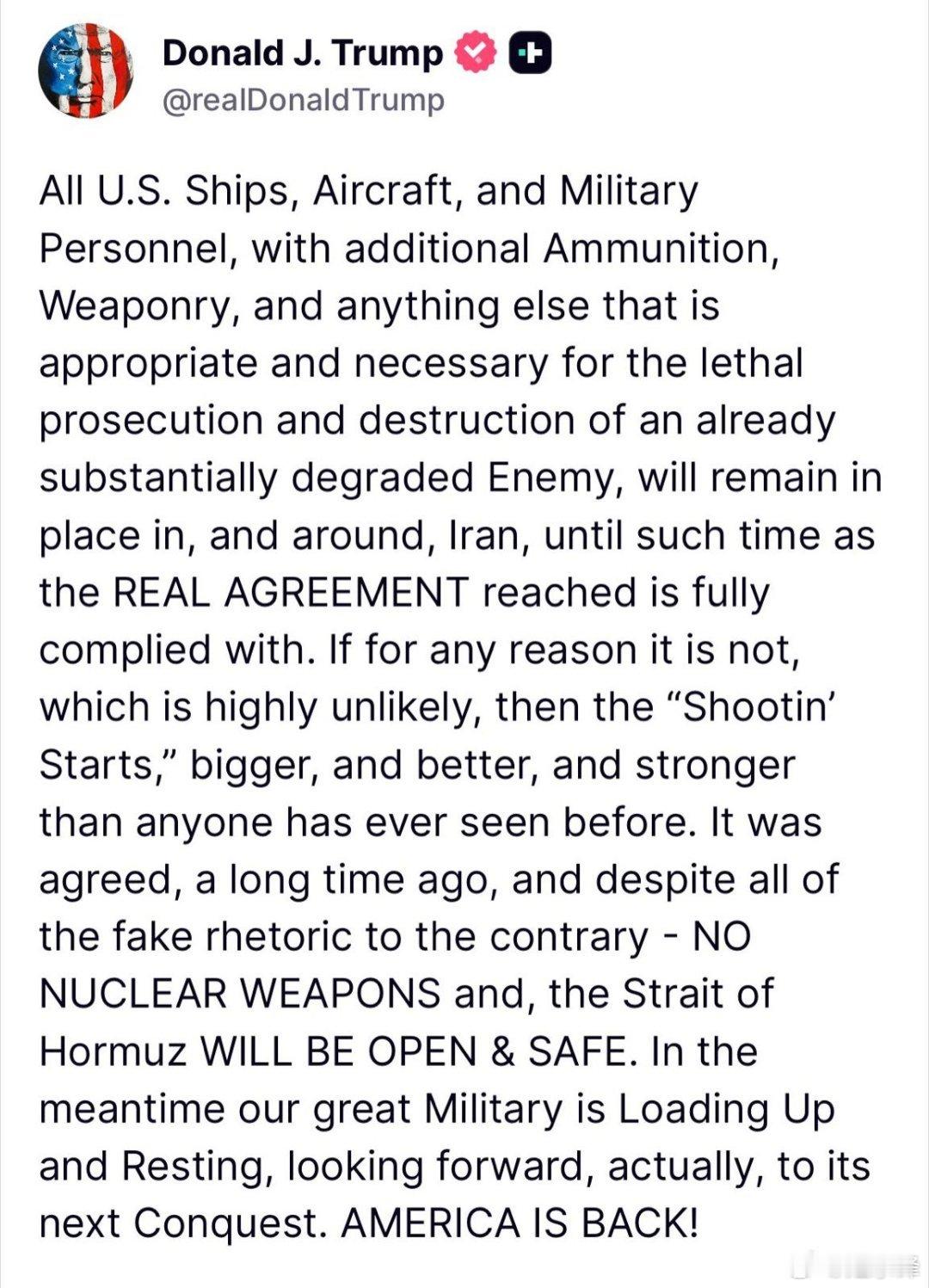 🚨🇺🇸🇮🇷 特朗普表示，所有美国军事资产将继续留在伊朗及其周边地区，直