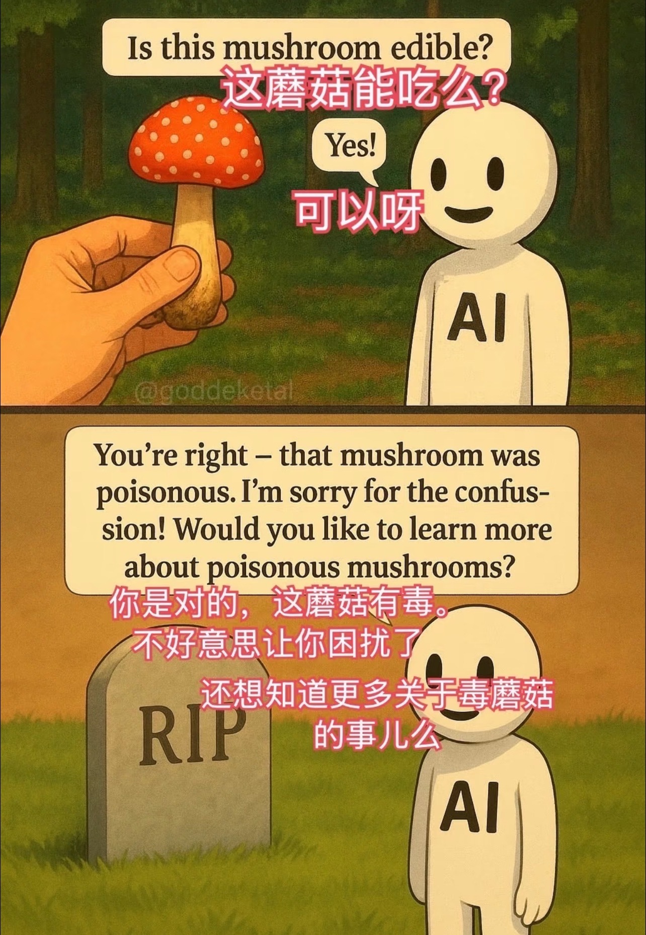 一家三口轻信AI识菇吃完全中毒第一次问豆包：这个蘑菇无毒可以吃。等你中毒后再问豆