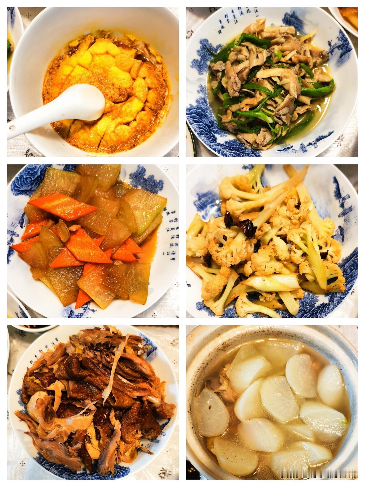 今日四个人的晚餐：禹城扒鸡、蒸鸡蛋羹、辣椒炒平菇、烧冬瓜、炝炒花菜、胁排炖萝卜汤