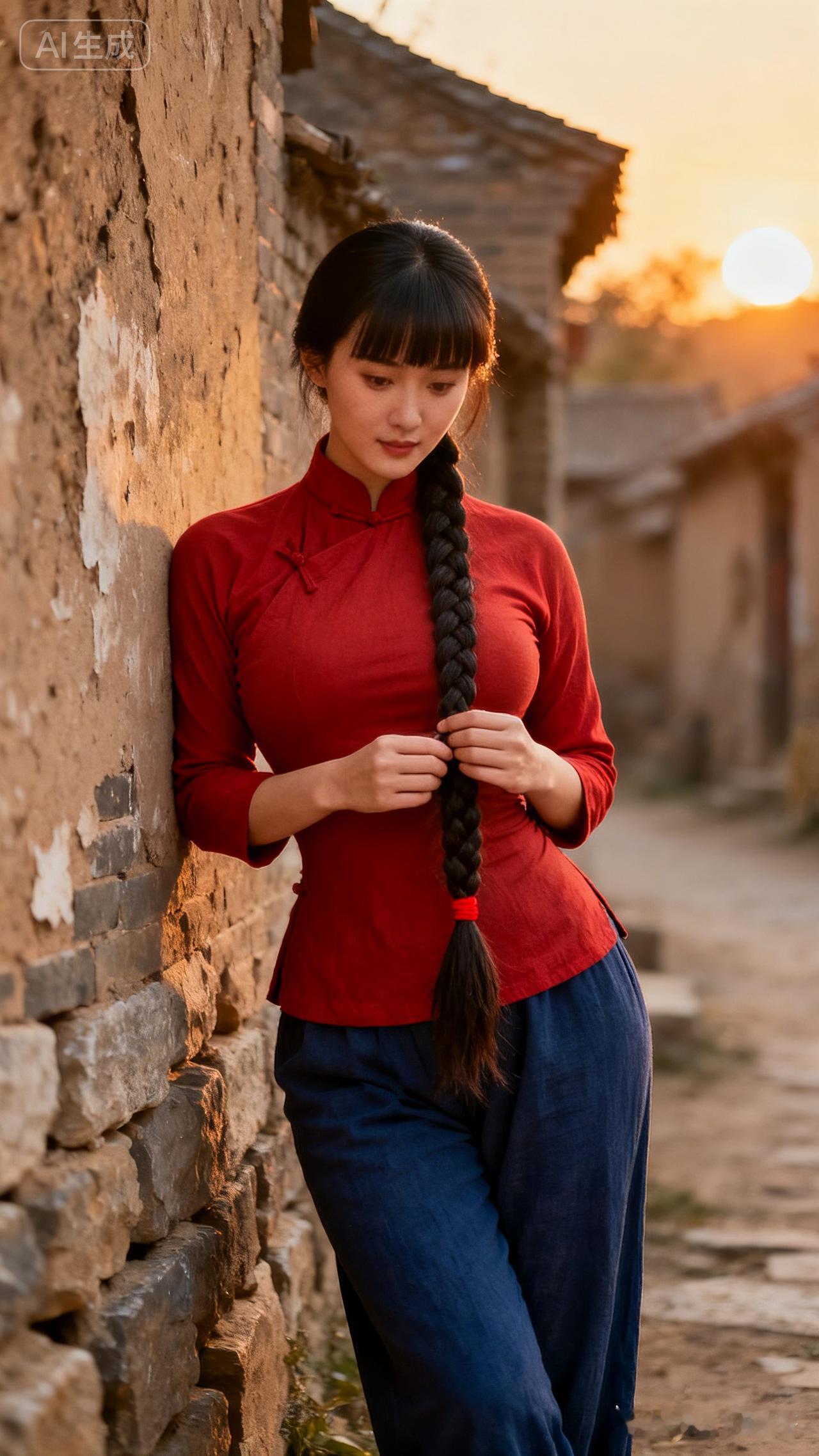古风少女，红衣长辫，倚墙而立，岁月静好。