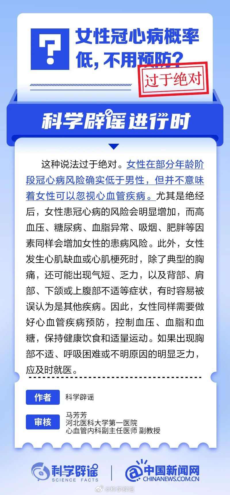 科学辟谣进行时【女性冠心病概率低，不用预防？这种说法过于绝对】女性在部分年龄阶段