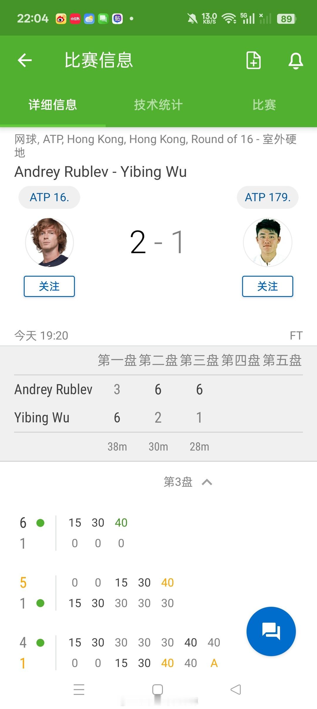 小花小草资讯 【ATP250🇭🇰香港】男单正赛🇨🇳吴易昺6-32-61-