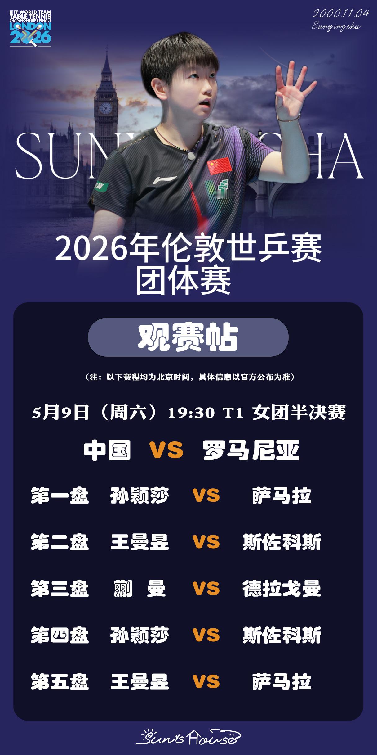 孙颖莎 🏓伦敦世乒赛团体赛 【5月8日女团半决赛观赛帖】赛制：五盘三胜项目：女