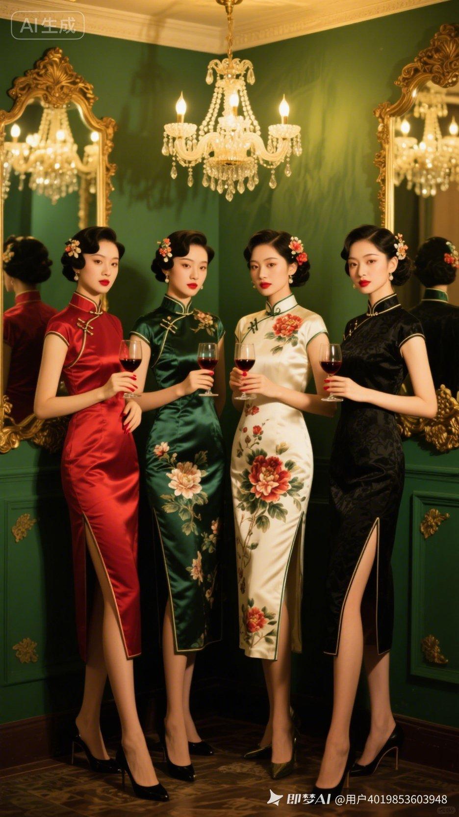 四位美女穿着旗袍，优雅地站在一起。
