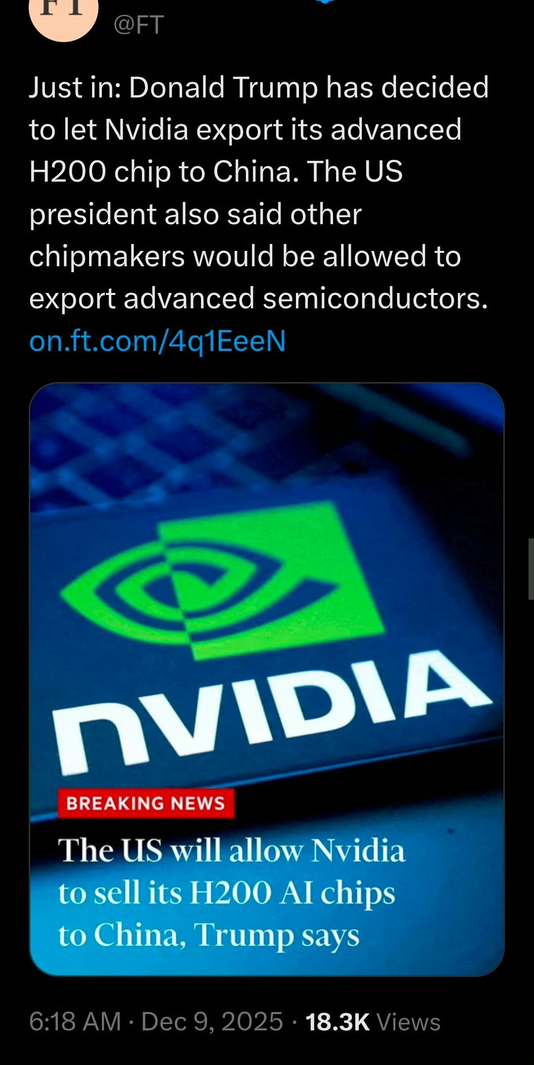 特朗普批准英伟达H200 AI芯片对华出口，并要求抽取25%销售收入分成。但东大