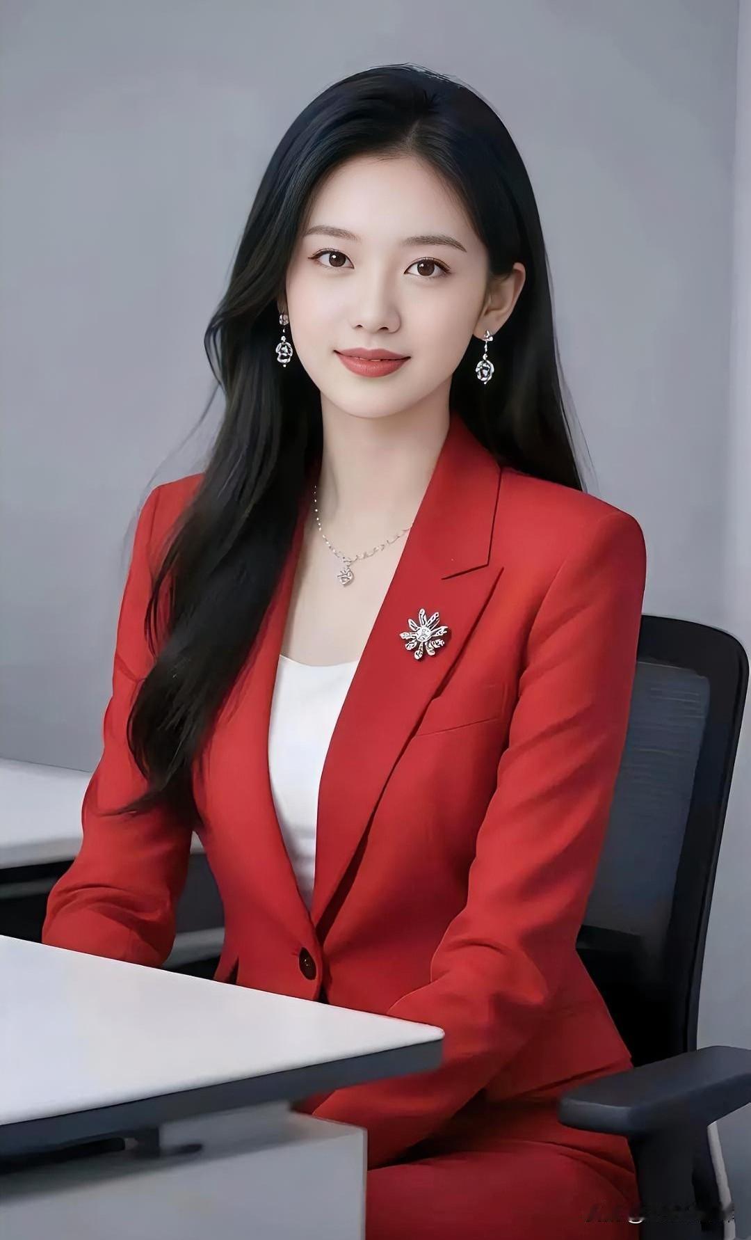 红装端坐，自信从容，职场尽显优雅风范。