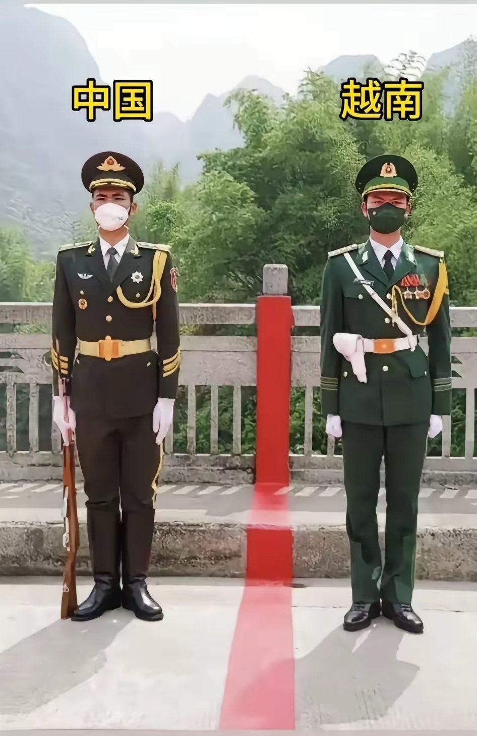 · 中越边境军人站岗，越南立国立军都是学中国，队列训练到军装服饰都差不多。  ·