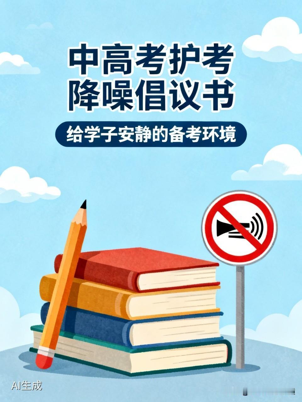 致全国网友：中高考护考降噪倡议书。
大家好！
十年寒窗苦读，一朝奔赴考场。一年一