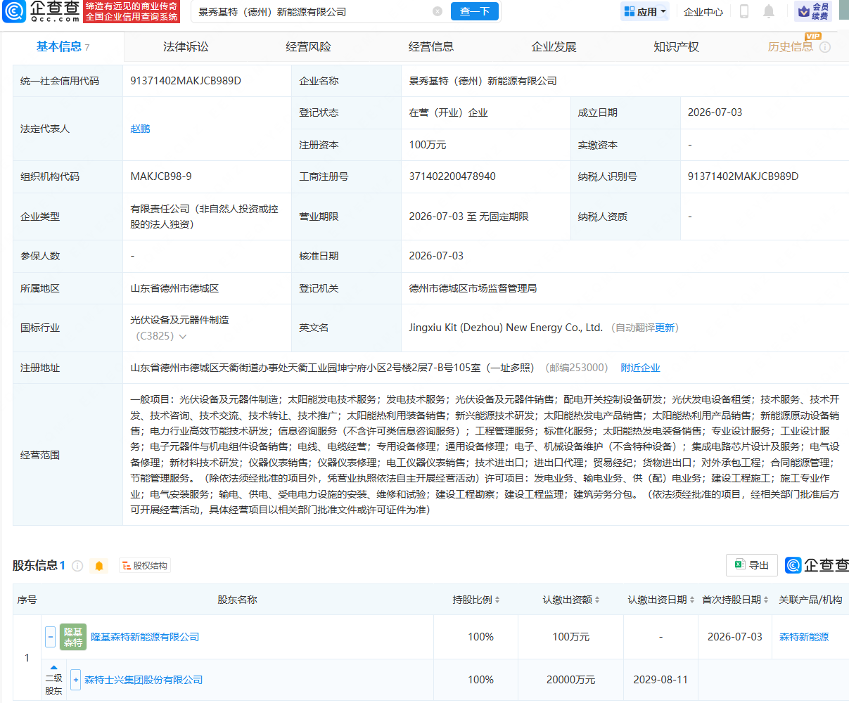森特股份在山东德州成立新能源公司，含多项光伏业务
