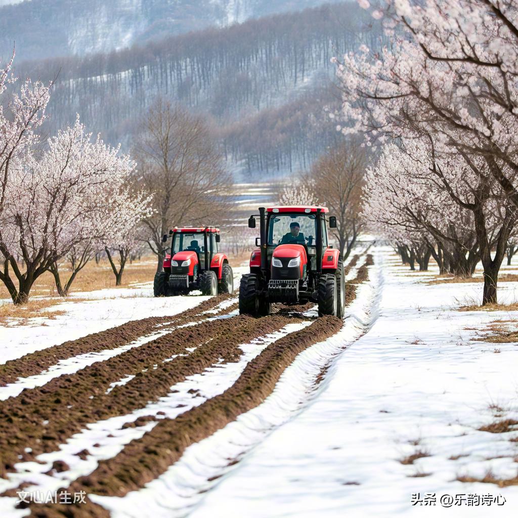 《塞北惊蛰》
残雪未消寒意重，
农机待启备春耕。
林间未见桃花艳，
且待惊雷唤绿