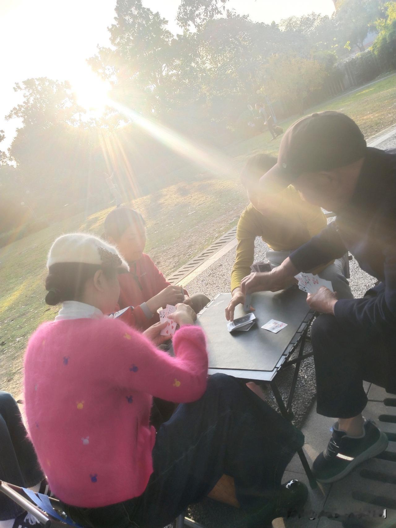 冬日下午温暖的阳光里，
公园里到处都是支个小桌子打扑克牌的人。

懒散悠闲，无比