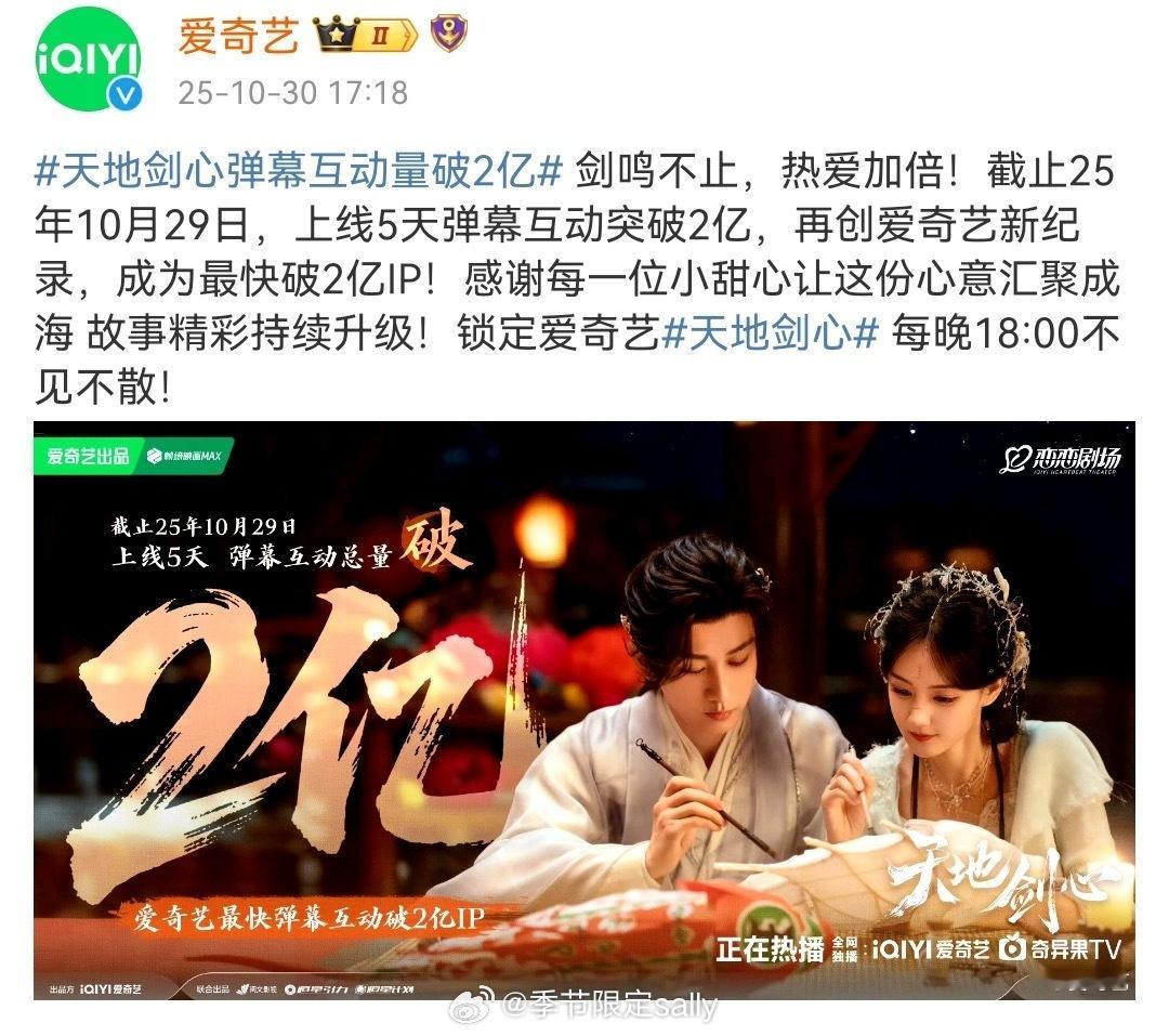 成毅天地剑心弹幕互动破2亿，成为爱奇艺历史最快破2亿IP！ ​​​